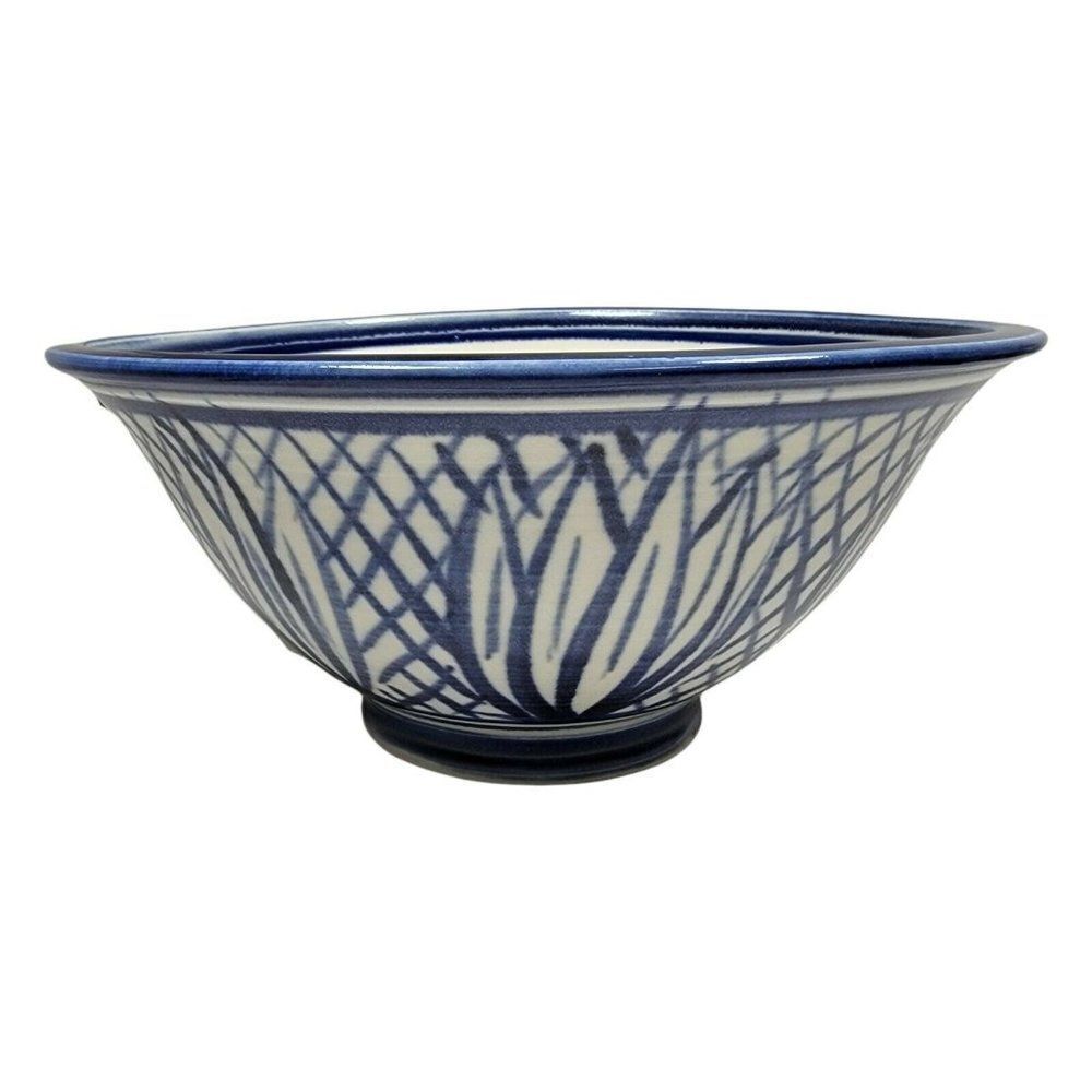 VTG Louis Mideke 9" Leaf Bowl White Cobalt Blue Studio Pottery Lotus Leaf Design